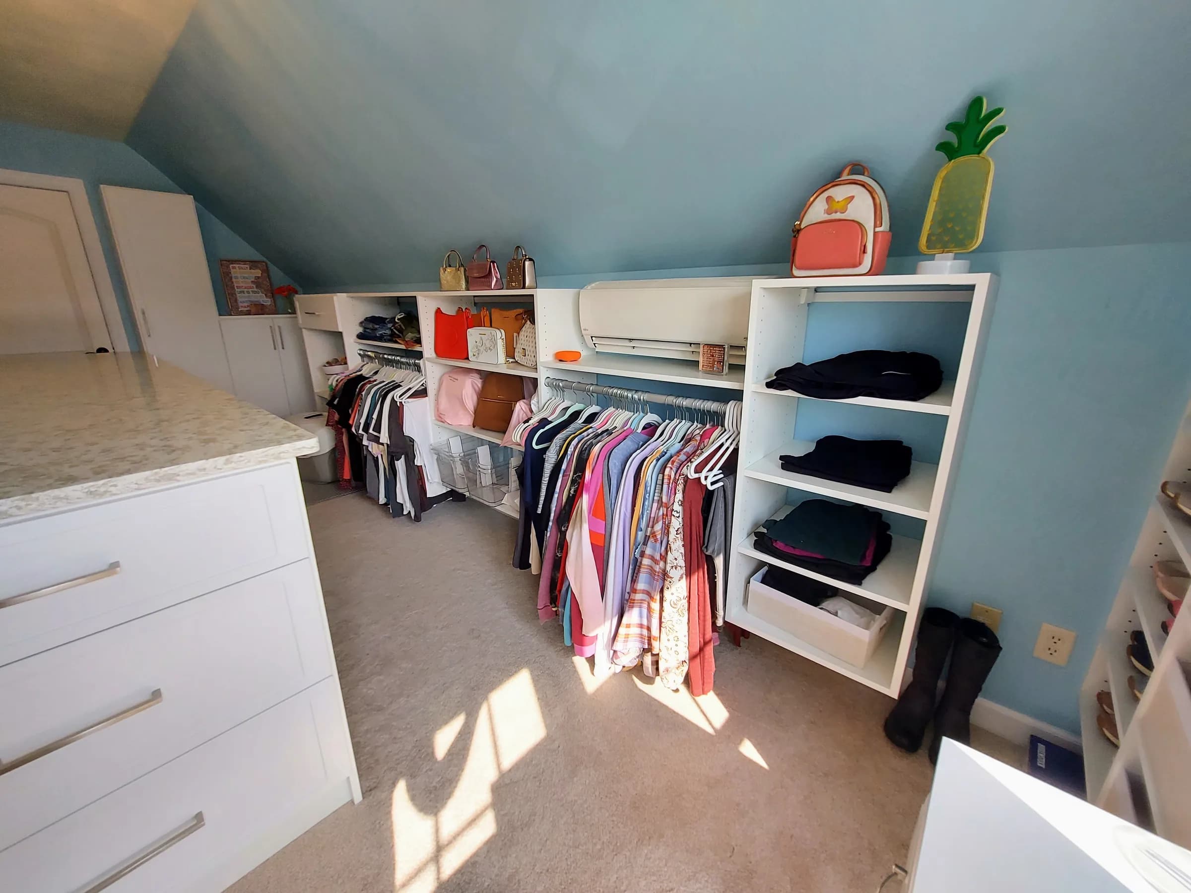 A walk-in closet with hanging, shelves, and drawers