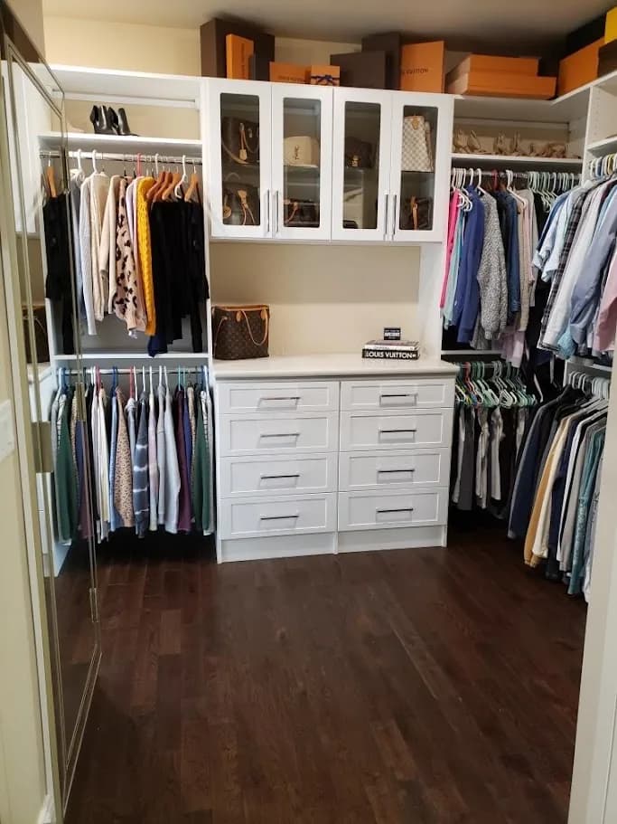 Glass-Front Wardrobe Closet with Double Drawer Bank
