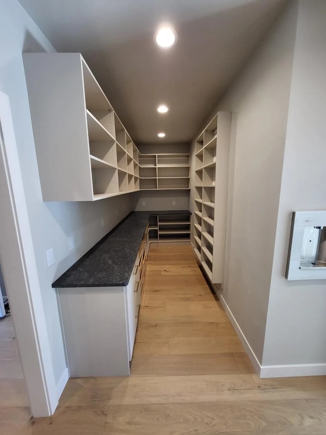 Long Galley Pantry with Dark Worktop