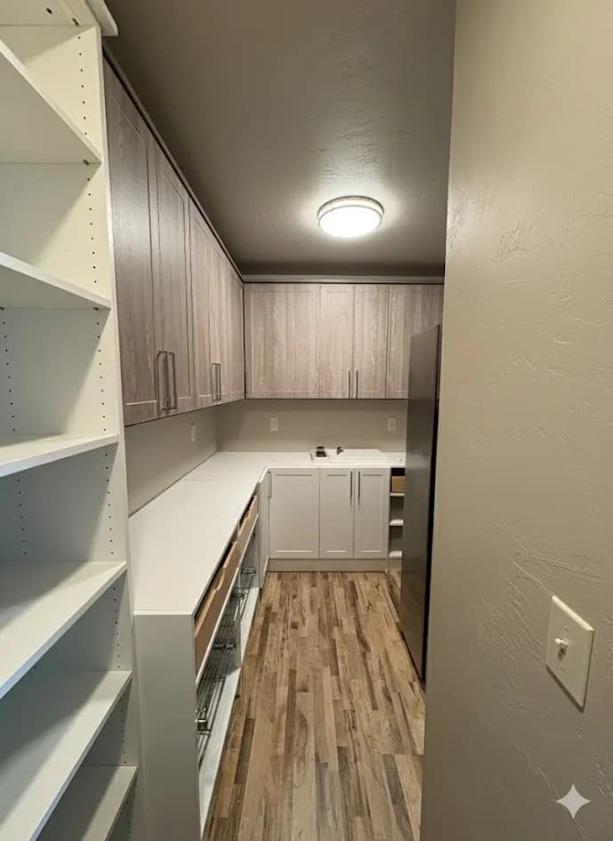 Mixed-Finish Butler’s Pantry with Pull-Out Baskets